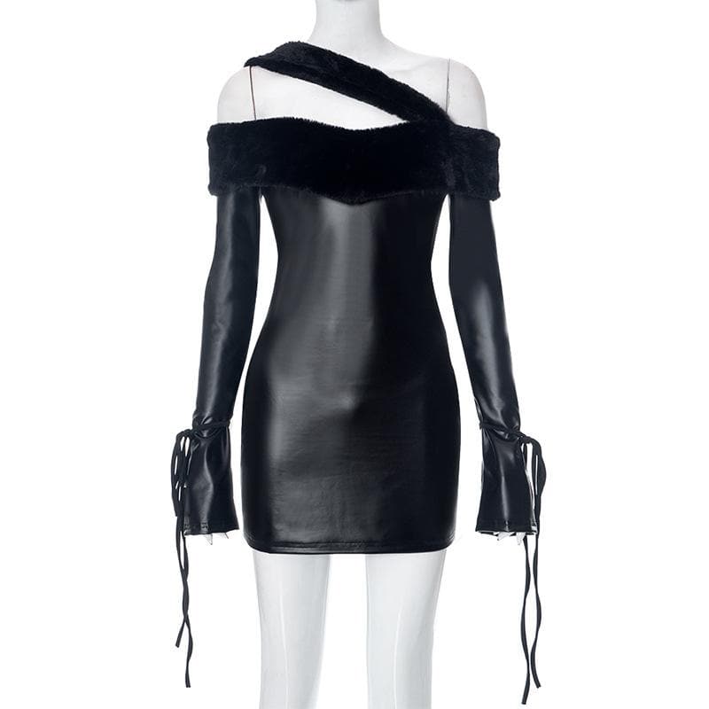 Faux Fur Trim Asymmetric Strap Off Shoulder PU Leather Long Sleeve Mini Dress