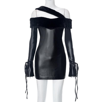 Faux Fur Trim Asymmetric Strap Off Shoulder PU Leather Long Sleeve Mini Dress