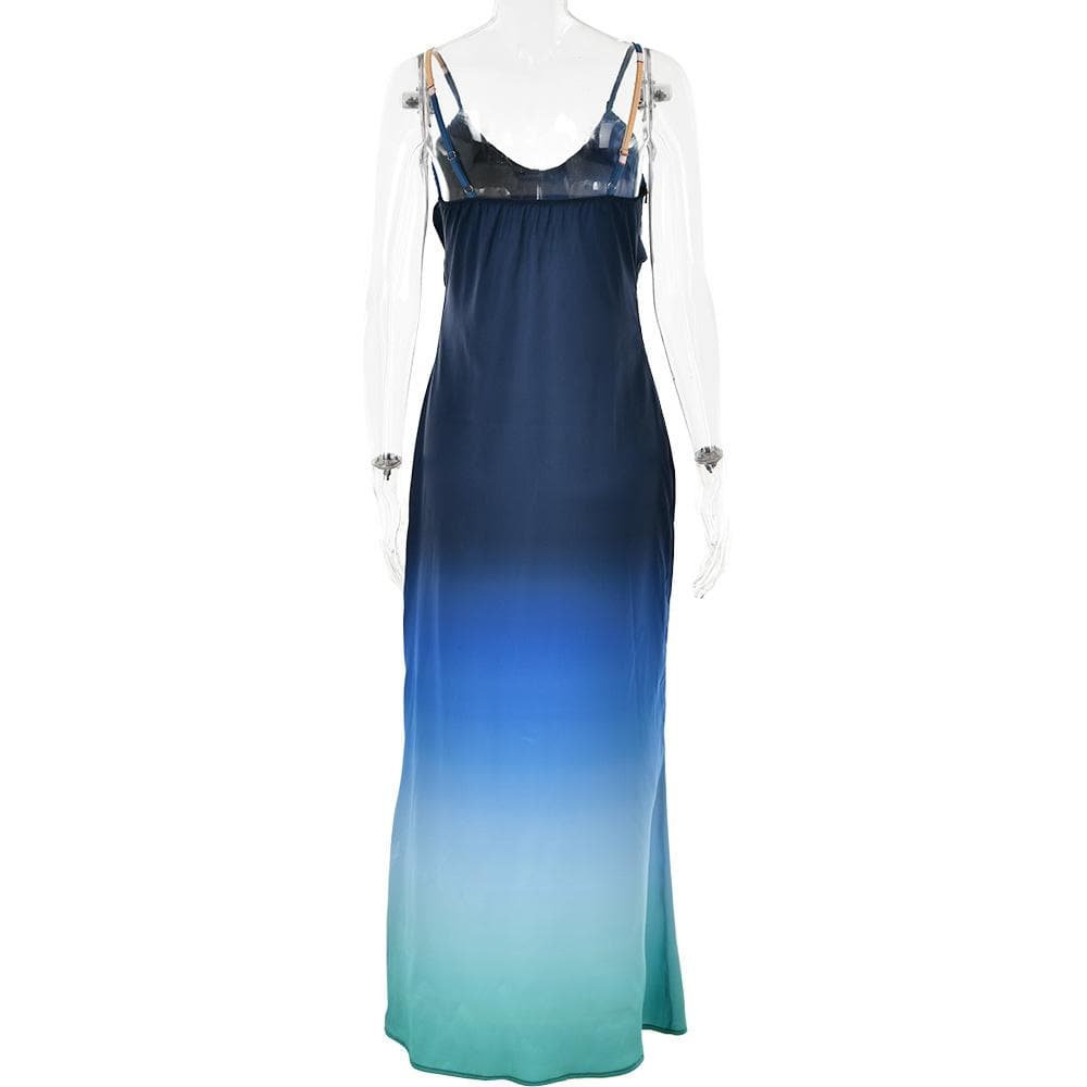 Satin Cowl Neck Spaghetti Strap Gradient Ombre Maxi Dress