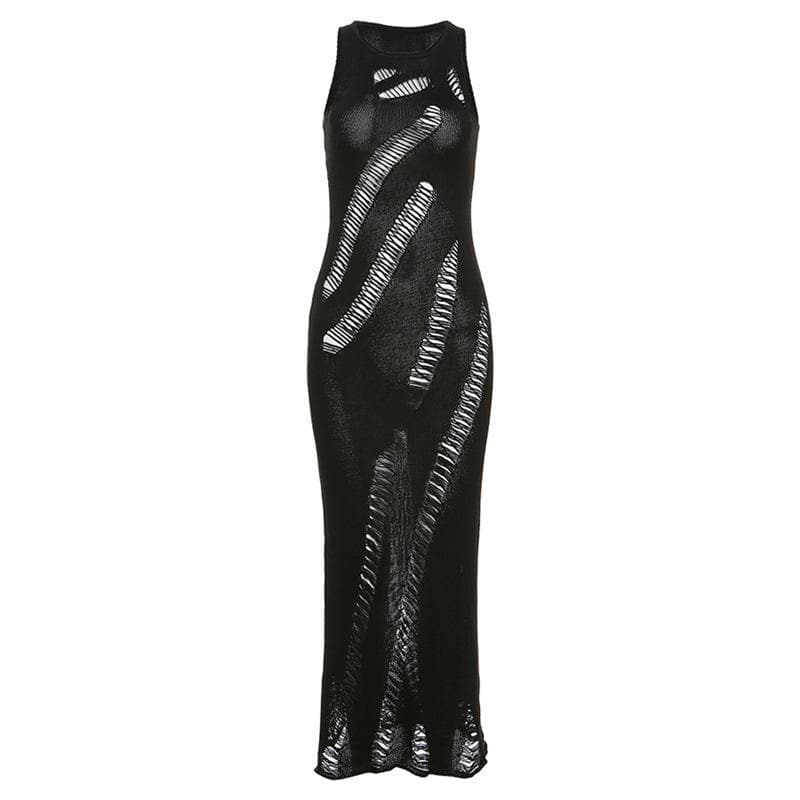 Crew Neck Slashed Ladder Knit Cutout Sleeveless Bodycon Maxi Dress