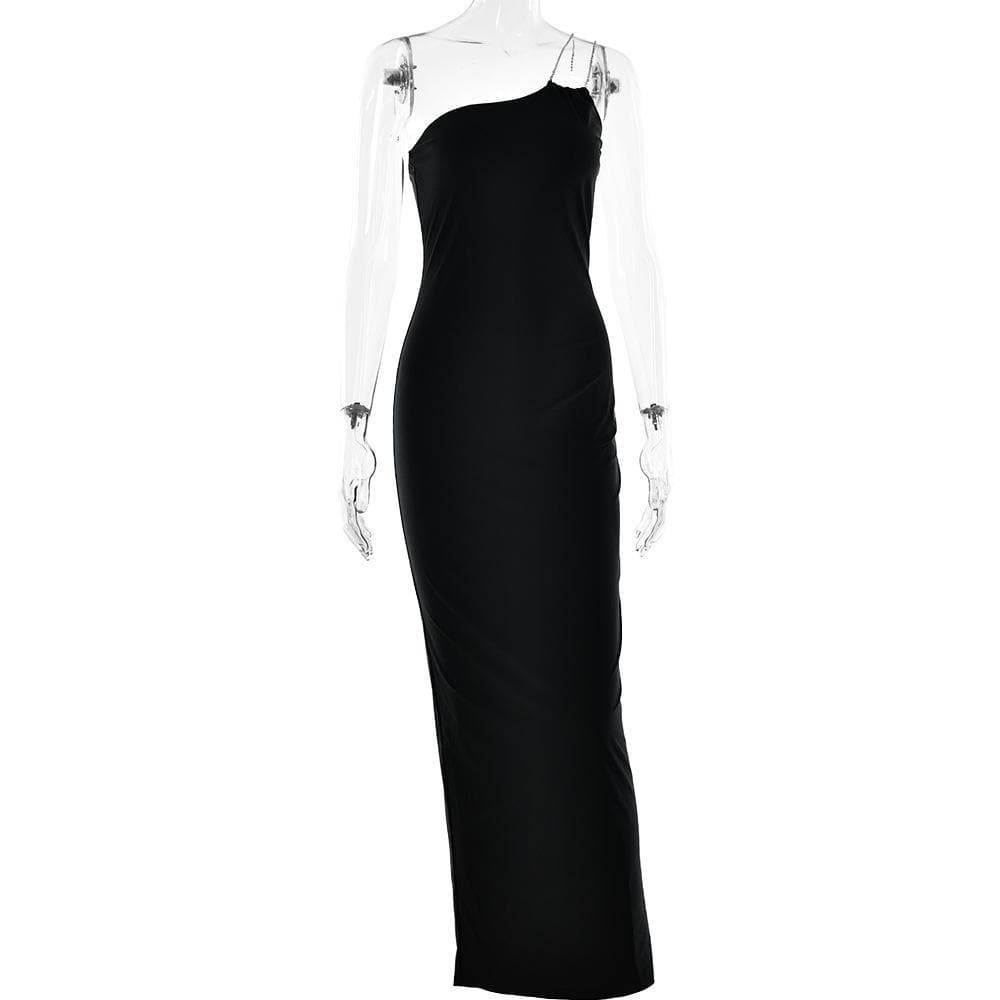 One-Shoulder Chain Strap High Slit Bodycon Maxi Dress