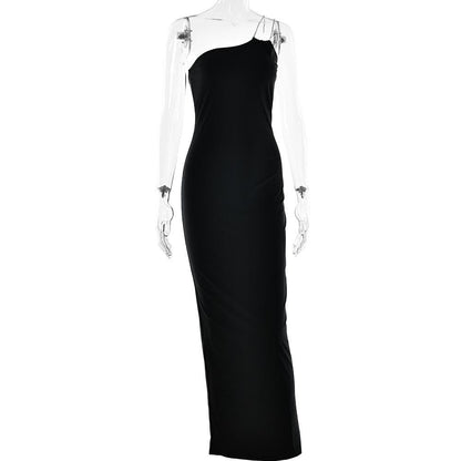 One-Shoulder Chain Strap High Slit Bodycon Maxi Dress