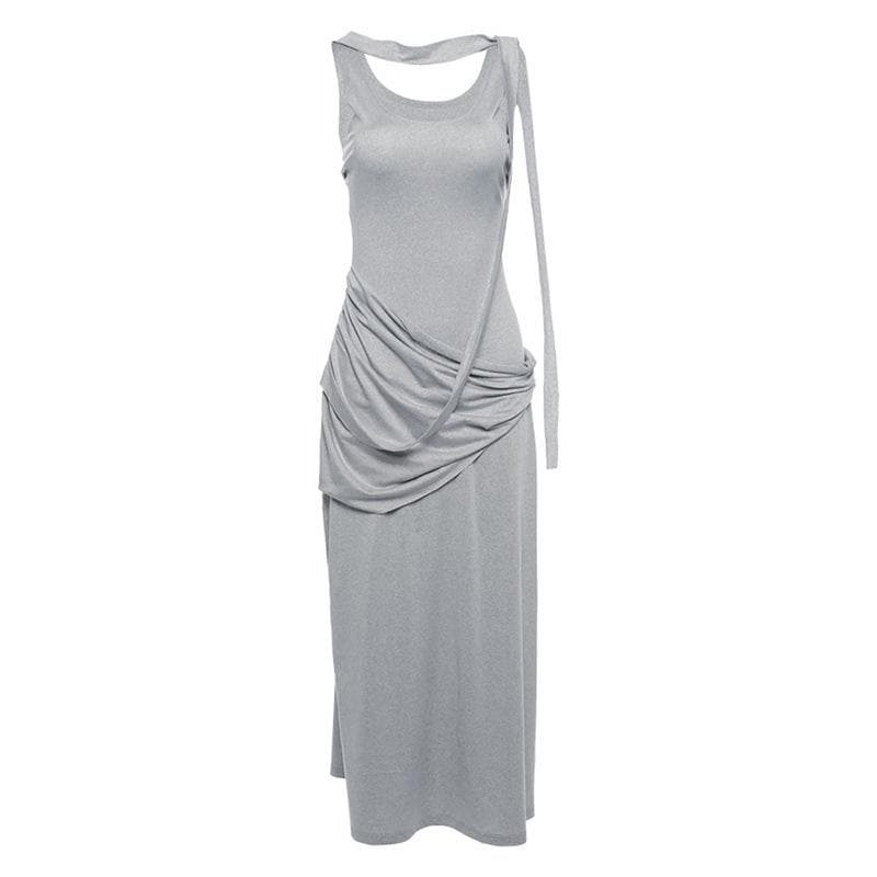 Choker Band Asymmetrical Draped Ruched Hip Sleeveless Column Maxi Gown