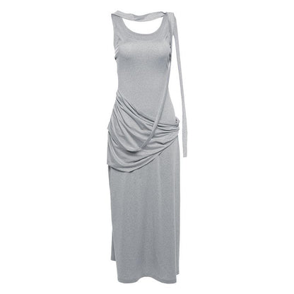 Choker Band Asymmetrical Draped Ruched Hip Sleeveless Column Maxi Gown