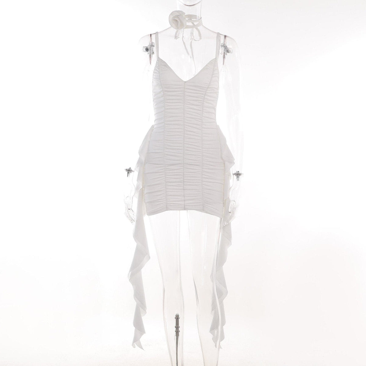 Ruched Deep V-Neck Choker Rosette Side Drape Cami Mini Dress