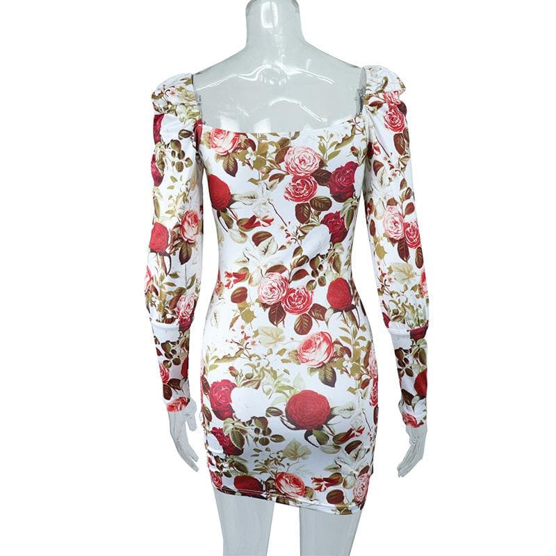 Floral Print Puff Shoulder Long Sleeve Sweetheart Mini Dress