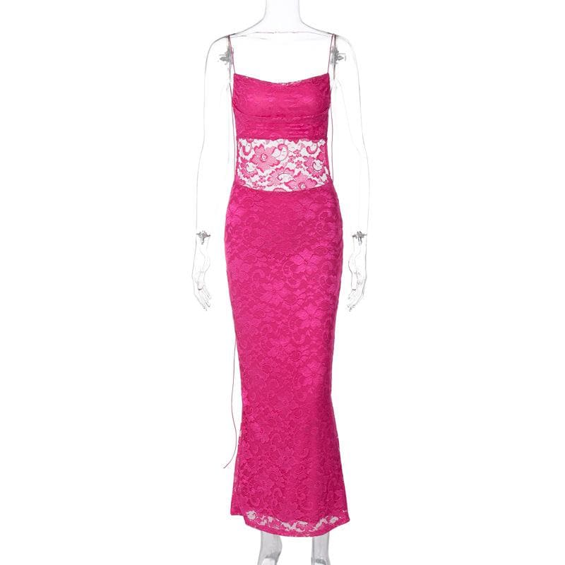Floral Lace Spaghetti Strap Sheer Midriff Bodycon Maxi Dress