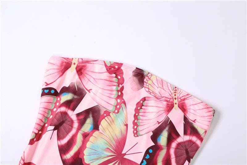 Butterfly Print Strapless Irregular Ruffle Backless Maxi Dress