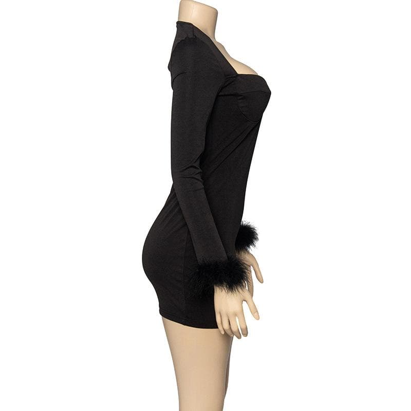 Sweetheart Bustier Feather Cuff Long Sleeve Mini Dress