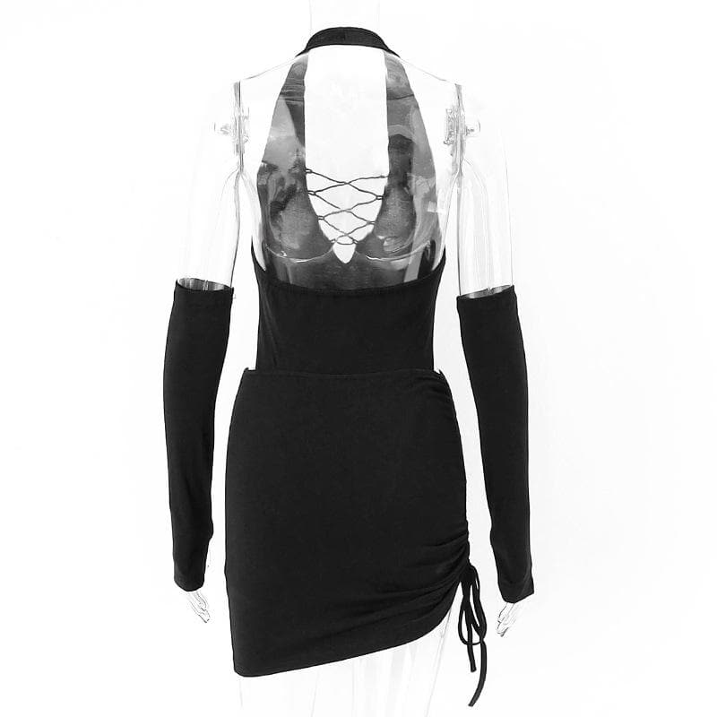 Halter Lace Up Chest Drawstring Side Ruched Arm Warmer Mini Dress Set