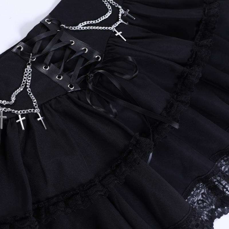 Ruched Lace Hem Chain Detail Lace Up Tiered Mini Skirt
