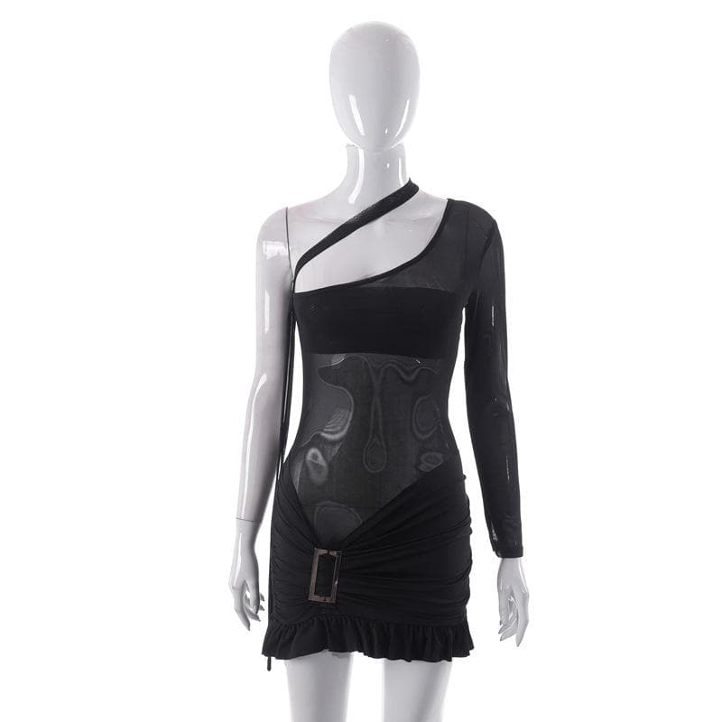 One-Shoulder Sheer Mesh Buckle Detail Side Gathered Ruffle Hem Mini Dress