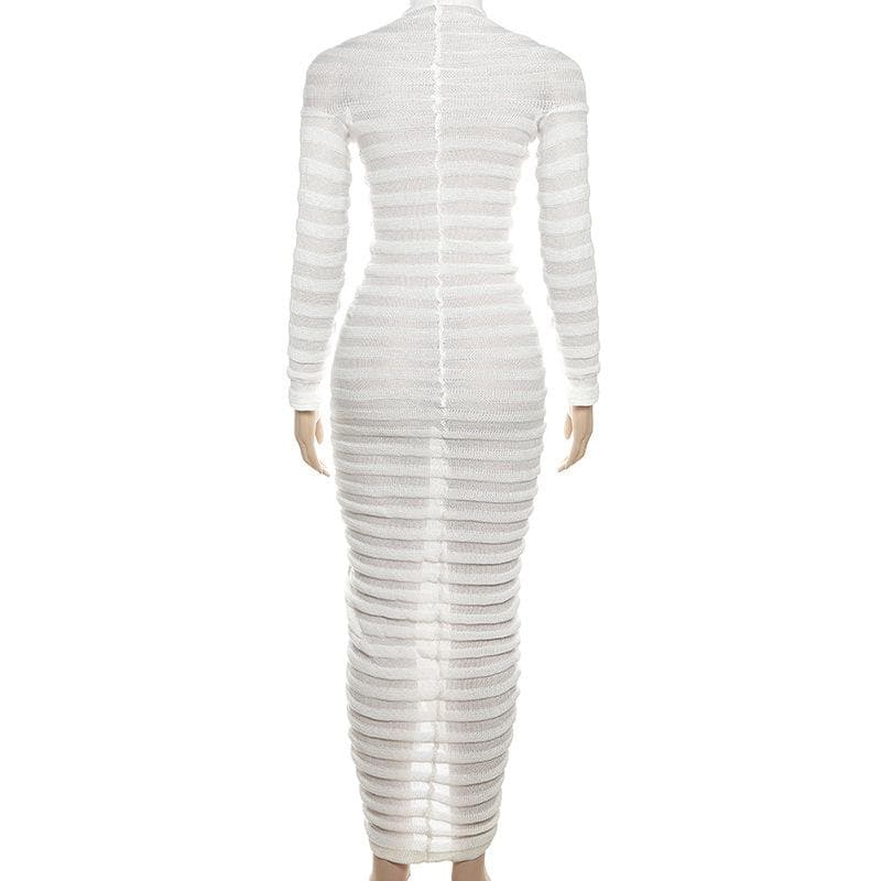 Mock Neck Long Sleeve Horizontal Ruched Rib Knit Bodycon Midi Dress