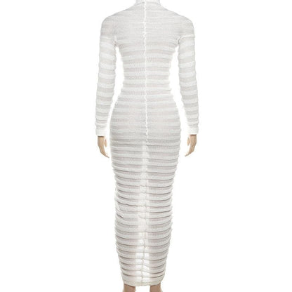 Mock Neck Long Sleeve Horizontal Ruched Rib Knit Bodycon Midi Dress