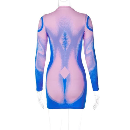 Mock Neck Body Contour Graphic Long Sleeve Mini Dress