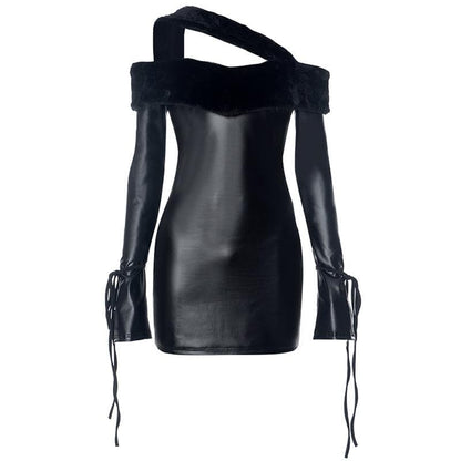 Faux Fur Trim Asymmetric Strap Off Shoulder PU Leather Long Sleeve Mini Dress