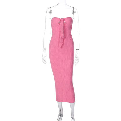 Strapless Sweetheart Basketweave Knit Keyhole Tie Front Column Midi Dress