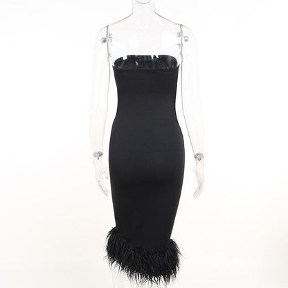 Strapless Glitter Knit Feather Trim Tube Midi Dress