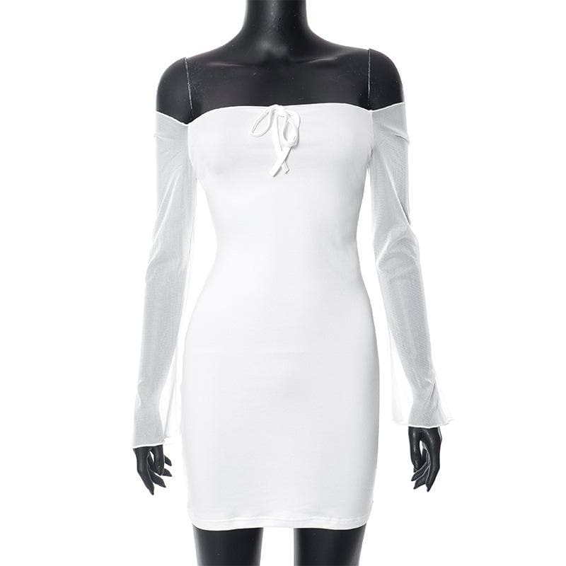 Off Shoulder Tie Front Keyhole Sheer Mesh Bell Sleeve Mini Dress