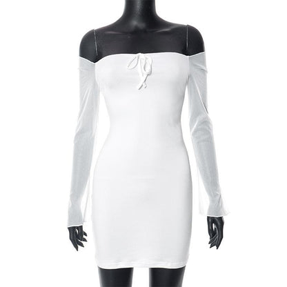 Off Shoulder Tie Front Keyhole Sheer Mesh Bell Sleeve Mini Dress