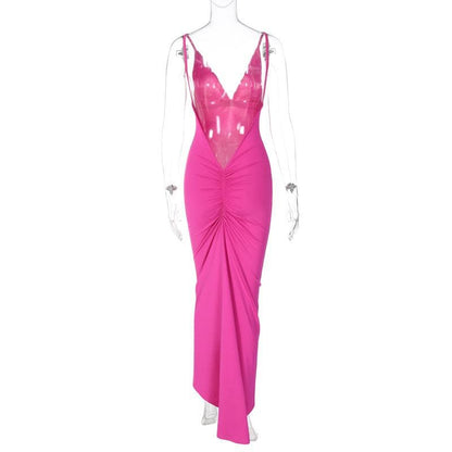 Ruched Back Deep V Backless Spaghetti Strap Maxi Dress