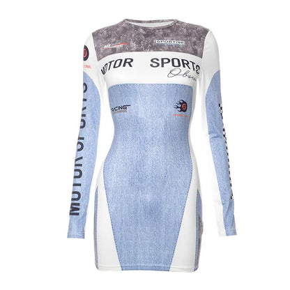 Motorsport Print Long Sleeve Crew Neck Patchwork Bodycon Mini Dress