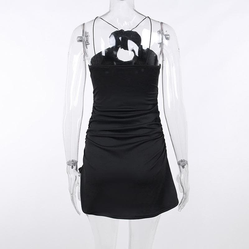 Halter Flower Applique Keyhole Ruched Side Slit Mini Dress
