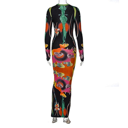 Crew Neck Long Sleeve Psychedelic Graphic Print Bodycon Maxi Dress