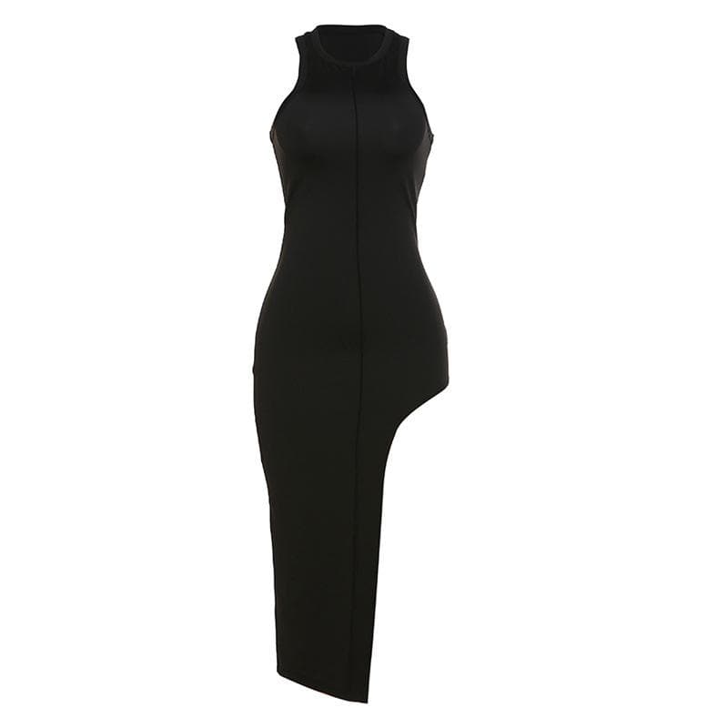 High Neck Sleeveless Center Seam Asymmetric Hem Midi Dress