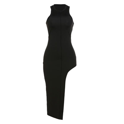 High Neck Sleeveless Center Seam Asymmetric Hem Midi Dress