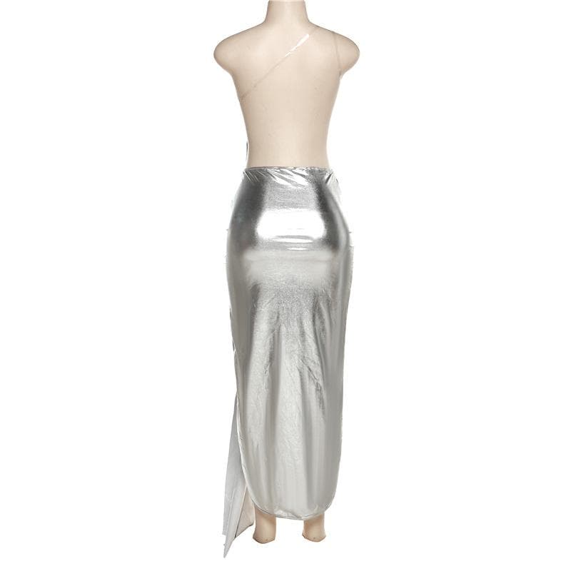 One Shoulder Metallic Ruched Side Cutout Draped Panel High Slit Maxi Dress
