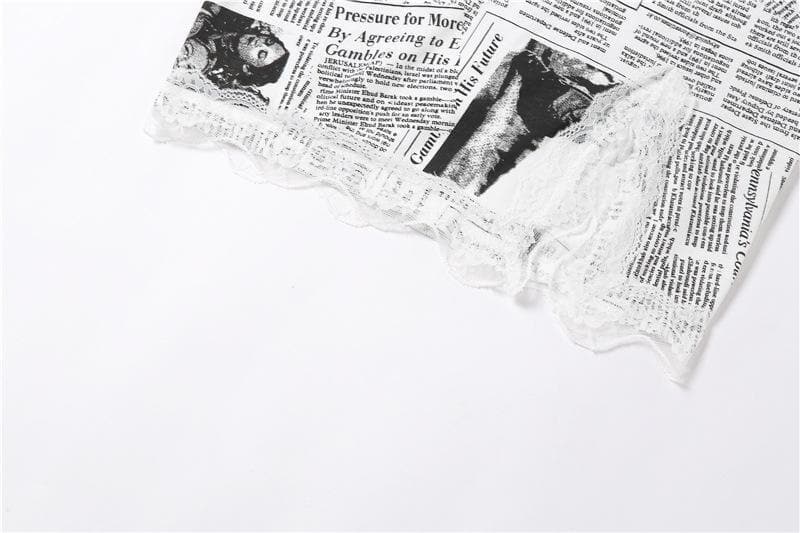 Newspaper Print Lace Trim Side Slit Spaghetti Strap Mini Dress