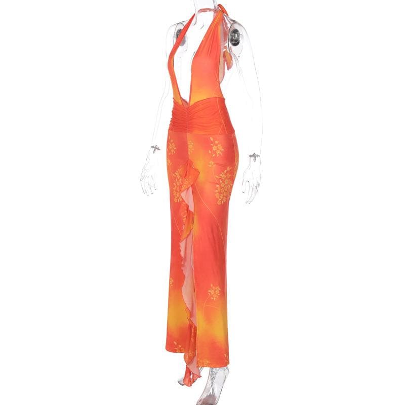 Halter Neck Plunging V Neck Ruched Waist Floral Print Front Slit Maxi Dress