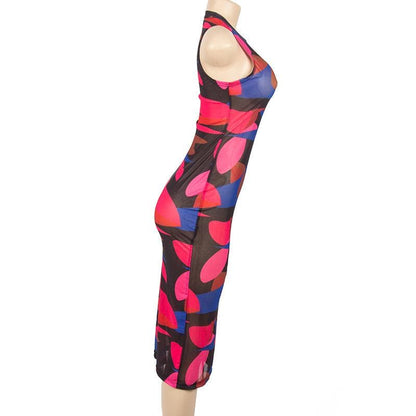Round Neck Sleeveless Abstract Geometric Print Bodycon Midi Dress