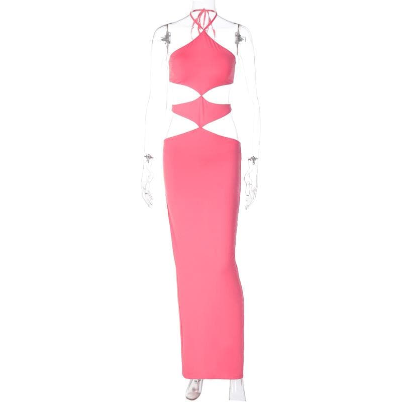Halter Self Tie Diamond Cutout Waist Bodycon Maxi Dress