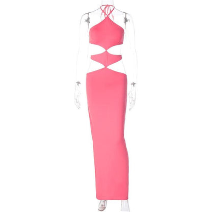 Halter Self Tie Diamond Cutout Waist Bodycon Maxi Dress