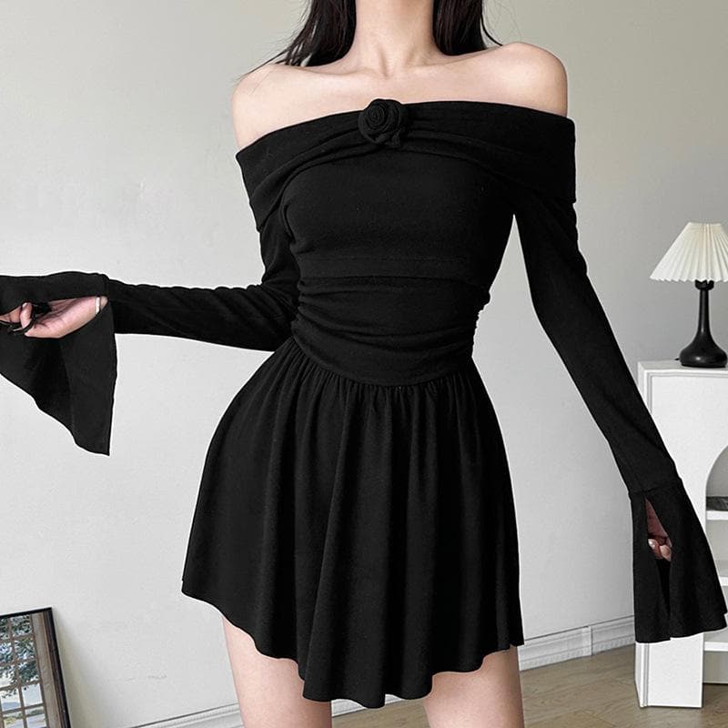 Flower Applique Off Shoulder Flared Sleeve Slit Mini Dress