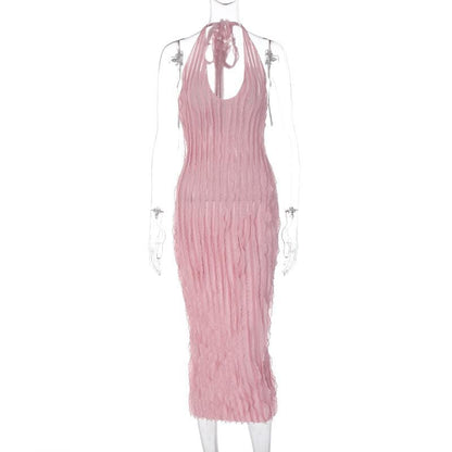Halter U-Neck Lettuce Edge Ruffle Column Midi Dress