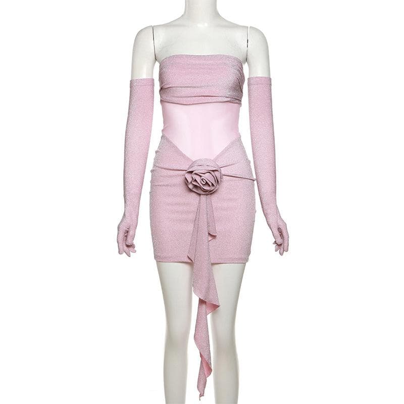 Strapless Glitter Mesh Flower Applique Ruched Ruffle Hem Tube Mini Dress with Opera Gloves