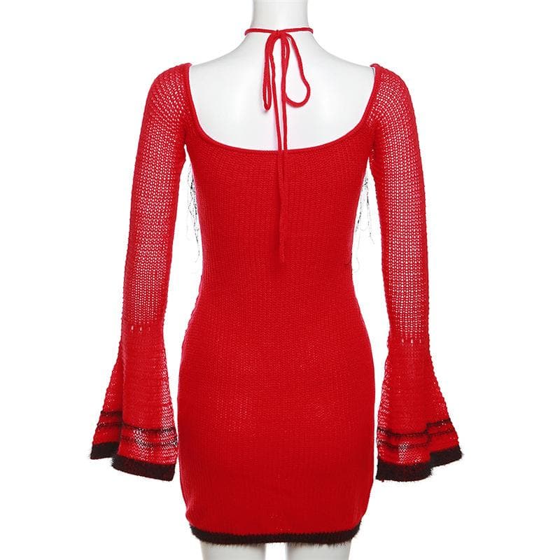 Crochet Halter Bell Sleeve Distressed Trim Cross Front Mini Dress