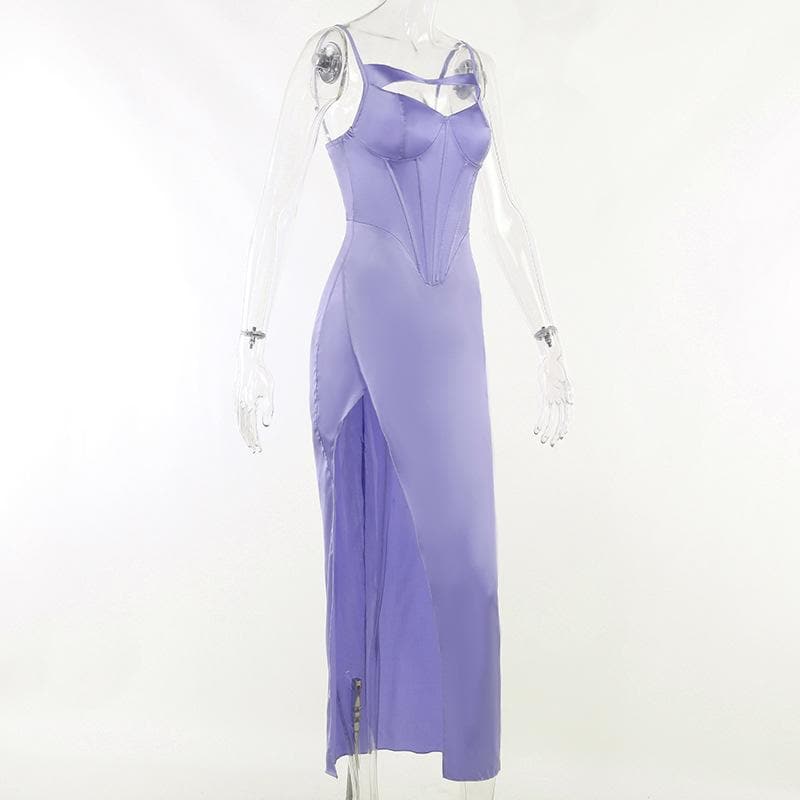 Spaghetti Strap Corset Panel Chest Cutout High Slit Satin Maxi Gown