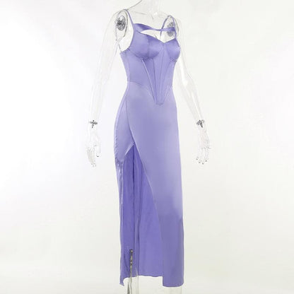 Spaghetti Strap Corset Panel Chest Cutout High Slit Satin Maxi Gown