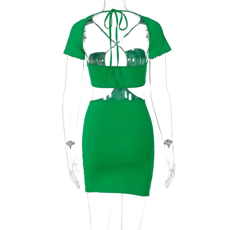 Ruched Bust Crisscross Halter Cutout Waist Flared Sleeve Bodycon Mini Dress