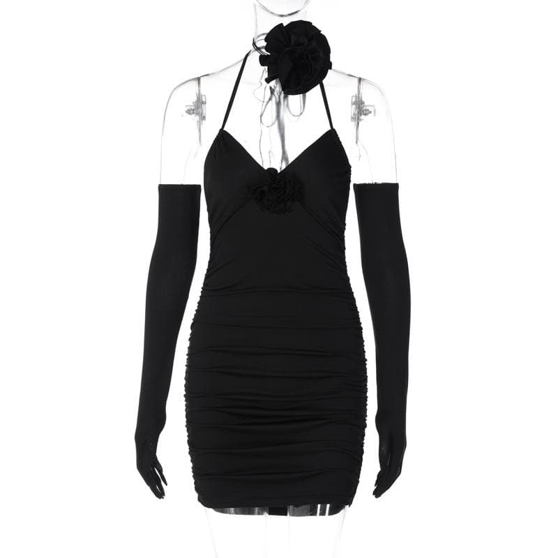 Sweetheart Halter Neck 3D Floral Applique Ruched Bodycon Mini Dress