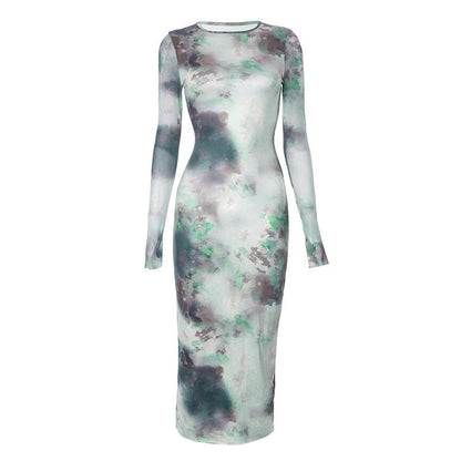 Crew Neck Long Sleeve Abstract Watercolor Print Bodycon Maxi Dress