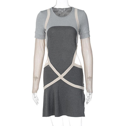 Mesh Long Sleeve Contrast Cross Front Hollow Out Mini Dress