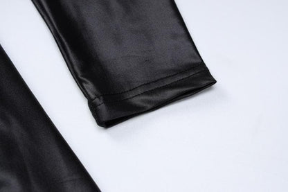 Mock Neck Long Sleeve Side Ruched Shiny Faux Leather Mini Dress