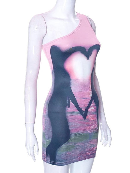 One Shoulder Swan Heart Sunset Graphic Bodycon Mini Dress