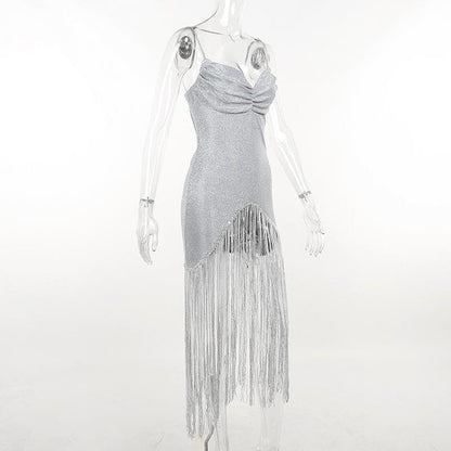 Sweetheart Neck Ruched Glitter Fringe Hem Cami Maxi Dress