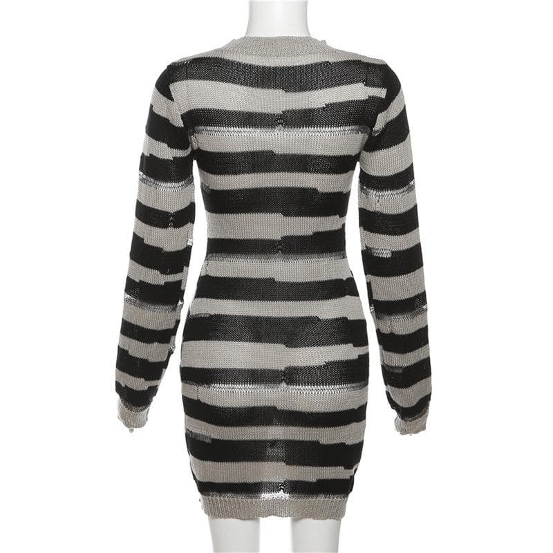 Crew Neck Distressed Open Knit Glitch Stripe Rib Knit Mini Dress